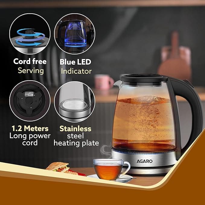 Agaro Imperial Glass Electric Kettle,1.8 liter Capacity, 1500 Watts, Borosilicate Glass Body, Dry Boiling Protection, 360 Rotating Base, Silver